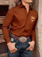 Men's black long-sleeved shirt, Western style retro bull head 3D print casual shirt, comfortable men's everyday commuting top.