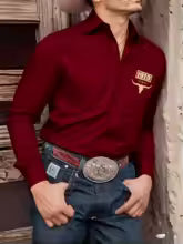 Men's black long-sleeved shirt, Western style retro bull head 3D print casual shirt, comfortable men's everyday commuting top.